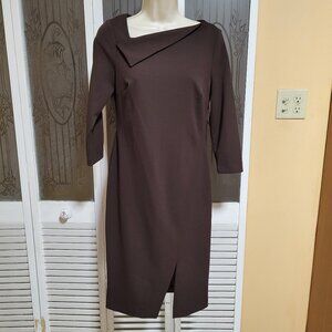 Calvin Klein Brown 3/4 Sleeve Asymetrical Collar Front Slit Dress